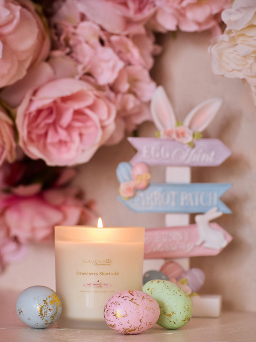 Strawberry Shortcake Soy Candle, Cotton Wick, Pink Flowers, Easter Eggs