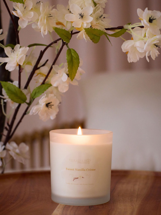 Sweet Vanilla Creme Soy Candle with a cotton wick